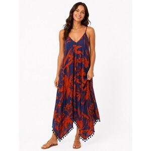 Navy and Orange Floral V-Neck Maxi Dress